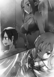 Rule 34 | 1boy, 2girls, arm support, asuna (sao), bikini, breasts, bunbun, casual one-piece swimsuit, cleavage, collarbone, dark-skinned female, dark skin, greyscale, highres, kirito, kizmel, medium breasts, mixed-sex bathing, monochrome, multiple girls, novel illustration, official art, one-piece swimsuit, open mouth, parted lips, partially submerged, pointy ears, shared bathing, short hair with long locks, sideboob, sidelocks, sitting, small breasts, sweatdrop, swimsuit, sword art online, sword art online progressive, thighs