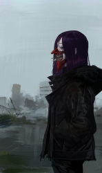 Rule 34 | 1girl, absurdres, bad id, bad pixiv id, black jacket, blush, building, cigarette, eyes visible through hair, fence, grass, grey sky, half-closed eyes, hands in pockets, highres, hood, hood down, hooded jacket, jacket, mask, mouth mask, open clothes, open jacket, original, outdoors, post-apocalypse, purple eyes, purple hair, rain, ratatatat74, sky, smoke, smoking, solo, standing, zipper, zipper pull tab