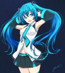 Rule 34 | 1girl, :d, absurdres, armpits, black skirt, black sleeves, blue background, blue eyes, blue hair, blue neckwear, collared shirt, cowboy shot, detached sleeves, dress shirt, floating hair, hair between eyes, hatsune miku, headphones, headset, highres, long hair, long sleeves, looking at viewer, microphone, midriff, miniskirt, open mouth, pleated skirt, shirt, signature, sketch, skirt, sleeveless, sleeveless shirt, smile, solo, standing, stomach, thighhighs, twintails, very long hair, vocaloid, white shirt, wing collar, ycums, zettai ryouiki
