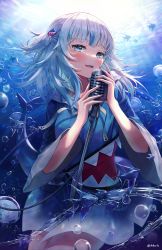 Rule 34 | 1girl, absurdres, air bubble, angelfish, blue eyes, blue hair, blue hoodie, blush, bubble, dvdarts, fins, fish, fish tail, gawr gura, gawr gura (1st costume), highres, holding, holding microphone, hololive, hololive english, hood, hoodie, long hair, looking at viewer, microphone, multicolored hair, nail polish, open mouth, shark tail, solo, streaked hair, tail, underwater, virtual youtuber, white hair