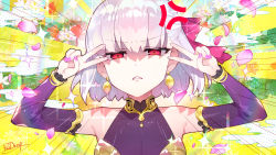 Rule 34 | 1girl, anger vein, armlet, bare shoulders, bracelet, breasts, collar, commentary request, detached sleeves, double v, dress, earrings, emotional engine - full drive, eyes visible through hair, fate/grand order, fate (series), grimace, hair between eyes, hair ribbon, highres, jewelry, kama (fate), kama (first ascension) (fate), looking at viewer, metal collar, nail polish, parody, petals, pink ribbon, purple dress, purple sleeves, red eyes, redrop, ribbon, ring, shaded face, short hair, silver hair, small breasts, solo, sparkle, v