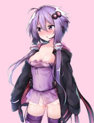 Rule 34 | 1girl, ahoge, black jacket, breasts, chipa (arutana), cleavage, collarbone, commentary request, covered navel, cowboy shot, detached sleeves, dress, embarrassed, frilled dress, frills, gluteal fold, groin, hair between eyes, hair ornament, highres, jacket, long sleeves, looking away, medium breasts, microphone, no panties, open clothes, open jacket, open mouth, purple dress, purple eyes, purple hair, purple thighhighs, revision, see-through, short hair with long locks, simple background, sleeves past fingers, sleeves past wrists, solo, standing, strap slip, tearing up, thighhighs, vocaloid, voiceroid, wavy mouth, white background, yuzuki yukari