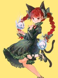 Rule 34 | 1girl, 80isiiii, animal ears, bow, bowtie, braid, breasts, cat ears, cat tail, closed mouth, commentary request, dress, fingernails, frills, green bow, green dress, green footwear, green ribbon, hair bow, hands up, highres, juliet sleeves, kaenbyou rin, leg ribbon, leg up, long hair, long sleeves, looking at viewer, medium breasts, multiple tails, nail polish, orange bow, orange bowtie, puffy sleeves, red hair, red nails, ribbon, shoes, simple background, skull, smile, solo, standing, standing on one leg, star (symbol), star in eye, symbol in eye, tail, touhou, twin braids, two tails, yellow background, yellow eyes