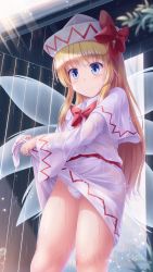 Rule 34 | 1girl, blonde hair, blue eyes, bow, bowtie, capelet, commentary request, eyes visible through hair, fairy wings, gate, hat, hat bow, highres, lily white, long hair, long sleeves, lzh, panties, rain, red bow, red bowtie, see-through, solo, touhou, underwear, very long hair, wet, wet clothes, white capelet, white hat, white panties, wide sleeves, wings, wringing clothes