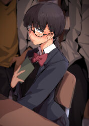 Rule 34 | 1girl, 2boys, alpha-type, black-framed eyewear, black hair, black jacket, black skirt, blush, book, bow, bowtie, brown vest, closed mouth, collared shirt, commentary request, glasses, highres, holding, holding book, jacket, long hair, looking at viewer, mole, mole on cheek, multiple boys, nose blush, open book, original, ponytail, red bow, red bowtie, school uniform, shirt, sitting, skirt, solo focus, vest, white shirt
