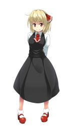 Rule 34 | 1girl, arms behind back, ascot, blonde hair, breasts, c:, full body, hair ribbon, long skirt, long sleeves, looking at viewer, mary janes, red eyes, red footwear, ribbon, rumia, shirt, shoes, short hair, skirt, skirt set, smile, socks, solo, touhou, transparent background, vest, yabu q