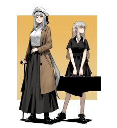 Rule 34 | 2girls, black choker, black dress, black footwear, black skirt, blind, bright pupils, brown coat, cane, case, choker, closed eyes, closed mouth, coat, contrapposto, dress, earrings, facing viewer, full body, gogalking, grey hair, hat, highres, holding case, jewelry, junior (gogalking), long hair, long skirt, looking to the side, multiple girls, open clothes, open coat, ophelia (gogalking), orange background, original, shirt, shoes, short sleeves, skirt, smile, standing, v arms, very long hair, white headwear, white pupils, white shirt, yellow eyes