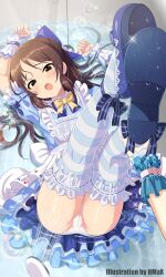 Rule 34 | 1girl, absurdres, bathtub, blue dress, blue nails, blush, bow, bowtie, brown eyes, brown hair, commentary request, dress, frilled dress, frilled thighhighs, frills, hair bow, highres, hmax, idolmaster, idolmaster cinderella girls, legs up, lolita fashion, long hair, looking at viewer, lying, mary janes, on back, open mouth, panties, pov, pov hands, shoes, short sleeves, shower head, solo, striped clothes, striped thighhighs, tachibana arisu, thighhighs, thighs, underwear, white panties, wrist cuffs, yellow bow, yellow bowtie