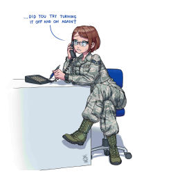 Rule 34 | 1girl, absurdres, black-framed eyewear, blue eyes, boots, brown hair, camouflage, commission, cross-laced footwear, crossed legs, english text, glasses, highres, holding, holding phone, jpeg artifacts, lace-up boots, long sleeves, looking away, military, military uniform, original, ostwindprojekt, over-kneehighs, pants, parted lips, phone, rectangular eyewear, short hair, simple background, sitting, solo, sweatdrop, swivel chair, thighhighs, uniform, white background