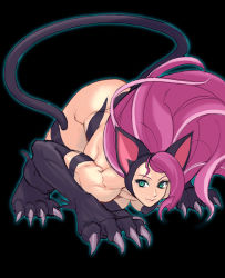 Rule 34 | 1girl, alternate color, animal ears, animal hands, ass, big hair, black background, black theme, breasts, capcom, cat ears, cat tail, claws, felicia (vampire), green eyes, hairband, long hair, muscular, muscular female, pink hair, simple background, tail, tetsu (kimuchi), vampire (game)