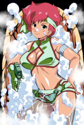 Rule 34 | 1girl, bandana, blush, breasts, brown eyes, bubble, cleavage, dirty pair, gun, highres, holding, holding gun, holding weapon, kei (dirty pair), looking at viewer, navel, ohtado, red hair, short hair, smile, water, weapon