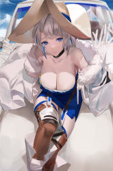 Rule 34 | 1girl, bare shoulders, blazpu, blue dress, blue eyes, blue hair, boots, breasts, brown thighhighs, character request, choker, cleavage, coat, copyright request, dress, fur coat, hat, highres, knee boots, large breasts, long hair, long sleeves, looking at viewer, multicolored hair, off shoulder, open clothes, open coat, silver hair, sitting, solo, streaked hair, thighhighs, thighs, white coat, white footwear