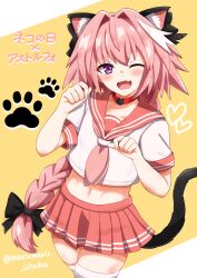 Rule 34 | 1boy, absurdres, animal ears, animal hands, astolfo (fate), astolfo (sailor paladin) (fate), blush, bow, braid, cat boy, cat choker, cat day, cat ears, cat paws, cat tail, choker, fang, fate/grand order, fate (series), hair intakes, heart, highres, long hair, looking at viewer, male focus, marumaru uhuhu, navel, official alternate costume, one eye closed, open mouth, paw pose, pink hair, purple eyes, sailor collar, school uniform, serafuku, shirt, short sleeves, simple background, single braid, skirt, smile, solo, tail, thighhighs, trap, twitter username, white hair