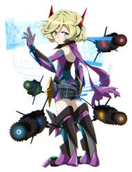 Rule 34 | 1girl, ass, bare shoulders, blonde hair, blue eyes, blush, bodysuit, closed mouth, elbow gloves, elfnein, full body, gloves, highres, looking at viewer, senki zesshou symphogear, shiny skin, short hair, simple background, solo, standing, tanashi (mk2), thighhighs, white background