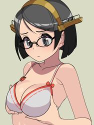 Rule 34 | 1girl, black eyes, blunt ends, bob cut, bra, breasts, cleavage, closed mouth, commentary request, frown, glasses, grabbing own breast, green hair, grey background, headgear, kantai collection, kirishima (kancolle), medium breasts, short hair, simple background, solo, soumu (kehotank), swept bangs, underwear, underwear only, upper body, white bra