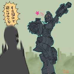 Rule 34 | 1girl, 1other, artist name, blue eyes, blush, bucket-wheel excavator, height difference, highres, humanoid robot, industrial, joints, leg up, lights, mecha, one eye closed, original, piston, robot, sharp teeth, shion humine, simple background, star (symbol), teeth, translation request