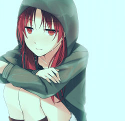 Rule 34 | 10s, 1girl, bad id, bad pixiv id, boots, female focus, hood, hoodie, knee boots, mahou shoujo madoka magica, mahou shoujo madoka magica (anime), rain, red eyes, red hair, sakura kyoko, shorts, solo, tsuduya (knt31), wet