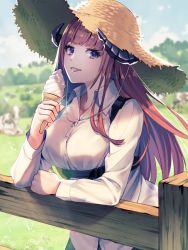 Rule 34 | 1girl, arknights, arm up, bagpipe (arknights), commentary request, cow, farm, fence, food, gloves, green eyes, hair between eyes, hat, holding, holding food, ice cream, long hair, long sleeves, looking at viewer, open mouth, orange hair, outdoors, shirt, simple background, smile, solo, straw hat, tanagawa makoto, teeth, tongue, tongue out, upper body, white shirt, wooden fence