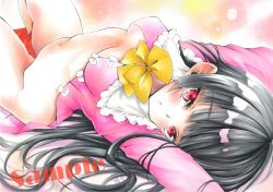 Rule 34 | 1girl, arim0k0, black hair, bottomless, bow, bowtie, breasts, cleavage, highres, houraisan kaguya, knees up, looking at viewer, lying, medium breasts, navel, on back, parted lips, red eyes, sample watermark, solo, touhou, traditional media, watermark, white bow, yellow bow, yellow bowtie