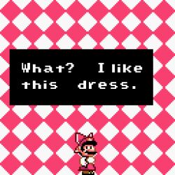 Rule 34 | 1boy, bow, brown footwear, commanderkappa, commentary, cosplay, dialogue box, dress, english commentary, facial hair, gloves, hair bow, hakurei reimu, hakurei reimu (cosplay), hat, mario, mario (series), mario day, mustache, nintendo, pixel art, plaid, plaid background, red bow, red dress, super mario world, touhou, wide sleeves