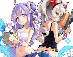 Rule 34 | 2girls, :o, ahoge, animal ears, ass, azur lane, bangle, bare shoulders, basket, black panties, black shirt, blue eyes, blue shorts, bracelet, breasts, cat ears, choker, close-up, closed mouth, collarbone, commentary, crop top, flower, frills, hair bun, hair flower, hair ornament, hairband, hammann (azur lane), hm (hmongt), holding, holding basket, holding water gun, jewelry, long hair, looking at viewer, looking back, medium breasts, midriff, multiple girls, navel, one side up, open mouth, panties, parted lips, pout, pouty lips, profile, purple eyes, purple hair, purple shirt, purple shorts, scrunchie, shirt, short shorts, shorts, side bun, silver hair, single hair bun, single side bun, skindentation, sleeveless, sleeveless shirt, small breasts, spaghetti strap, stomach, strapless, strapless shirt, stuffed toy, stuffed unicorn, stuffed winged unicorn, thong, underwear, unicorn (azur lane), water, water gun