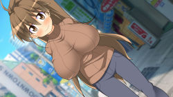 Rule 34 | 1girl, ahoge, arms behind back, blurry, blurry background, blush, breasts, brown eyes, brown hair, brown sweater, building, city, day, denim, female focus, groin, high ponytail, highres, huge breasts, impossible clothes, jeans, legs, long hair, looking at viewer, makarou, matching hair/eyes, nose blush, outdoors, pants, ponytail, sky, smile, solo, standing, sweater, taneshima popura, thighs, turtleneck, turtleneck sweater, working!!
