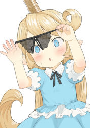 Rule 34 | 1girl, :o, black panties, blonde hair, blue eyes, blue shirt, blue skirt, blush, charlotta (granblue fantasy), commentary request, crotchless, crotchless panties, female focus, frilled shirt, frills, granblue fantasy, harvin, holding, holding clothes, holding panties, holding underwear, long hair, open mouth, panties, pointy ears, puffy short sleeves, puffy sleeves, shirt, short sleeves, simple background, skirt, solo, sweatdrop, underwear, very long hair, walkalone, white background