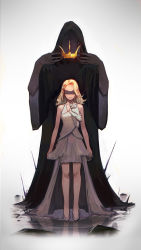Rule 34 | 1girl, 1other, asymmetrical clothes, black blindfold, blindfold, blonde hair, colored skin, covered eyes, crown, dress, elf, flat chest, front slit, full body, height difference, highres, holding, holding crown, hood, hooded coat, long dress, mark simonov, medium hair, original, pointy ears, reflection, sleeveless, sleeveless dress, standing, standing on liquid, white background