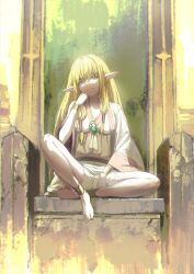 Rule 34 | 1girl, anklet, barefoot, blonde hair, bracelet, brooch, elf, full body, highres, jewelry, light smile, long hair, looking at viewer, mmi ryu, pointy ears, serie (sousou no frieren), shirt, shorts, solo, sousou no frieren, throne, yellow eyes