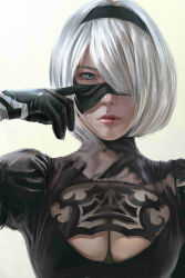 Rule 34 | 1girl, absurdres, black hairband, blindfold, blindfold slip, bob cut, breasts, cleavage, cleavage cutout, clothing cutout, commentary request, derivative work, geminiliuyouchang, gloves, grey eyes, hair over one eye, hairband, highres, lips, looking at viewer, nier (series), nier:automata, one eye covered, photo-referenced, portrait, short hair, simple background, solo, upper body, 2b (nier:automata)