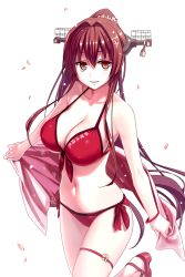 Rule 34 | 10s, 1girl, bikini, bracelet, breasts, brown eyes, brown hair, cherry blossoms, cleavage, clothes writing, collarbone, female focus, floral print, flower, front-tie bikini top, front-tie top, gif artifacts, hair flower, hair intakes, hair ornament, headgear, highres, himura kiseki, holding, jewelry, kantai collection, large breasts, leg up, long hair, looking at viewer, looking away, navel, petals, ponytail, red bikini, side-tie bikini bottom, simple background, smile, solo, swimsuit, thigh strap, towel, very long hair, white background, yamato (kancolle)