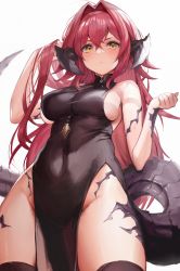 Rule 34 | 1girl, warrior of light (ff14), bare shoulders, black thighhighs, breasts, cyobiro, dragon girl, dragon horns, dragon tail, dress, final fantasy, final fantasy xiv, halter dress, halterneck, highres, horns, large breasts, red hair, scales, simple background, solo, tail, thick thighs, thighhighs, thighs, white background, yellow eyes