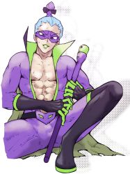 Rule 34 | 1boy, abs, belt, black footwear, blue hair, bodysuit, boots, bow, brown eyes, brycen (pokemon), bulge, cape, collarbone, creatures (company), game freak, gloves, green cape, green lips, gym leader, hair bow, happy, holding, holding staff, knee up, long sleeves, male focus, mask, minashirazu, multicolored hair, nintendo, pokemon, pokemon bw2, purple bodysuit, purple bow, purple hair, short hair, simple background, sitting, smile, solo, spread legs, staff, sweat, teeth, thigh boots, thighhighs, white background