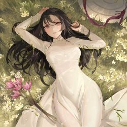 Rule 34 | 1girl, arms up, black hair, blush, bralines, breasts, brown eyes, chowbie, collared dress, dress, flower, from above, grass, hair between eyes, hat, highres, long hair, long sleeves, looking at viewer, lying, medium breasts, on back, original, outdoors, pink flower, solo, straw hat, vietnamese clothes, vietnamese dress, white dress, white flower