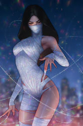 Rule 34 | 1girl, absurdres, black hair, breasts, cindy moon, comic cover, cover image, detached sleeves, highres, jee-hyung lee, leotard, long hair, looking down, marvel, medium breasts, official art, parted bangs, silk, silk (marvel), solo, spider-man (series), spider web, superhero costume, thighhighs, v-shaped eyebrows, white leotard, white thighhighs