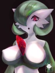 Rule 34 | 1girl, ars lycorys, artist name, black background, bob cut, breasts, colored skin, creatures (company), female focus, game freak, gardevoir, gen 3 pokemon, green hair, green skin, hair over one eye, highres, large breasts, looking at viewer, multicolored skin, nintendo, nipples, one eye covered, open mouth, pokemon, pokemon (creature), red eyes, short hair, simple background, solo, standing, teeth, two-tone skin, upper body, watermark, white skin