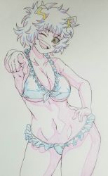 Rule 34 | 10s, 1girl, ashido mina, bare arms, bare shoulders, bikini, black sclera, blush, boku no hero academia, bra, breasts, cleavage, collarbone, colored sclera, colored skin, cowboy shot, drawing, facing viewer, female focus, frilled bikini, frills, front-tie bikini top, front-tie bra, front-tie top, hand on own hip, happy, head tilt, highres, horns, large breasts, looking at viewer, messy hair, mitarashi o, navel, one eye closed, open mouth, panties, pink hair, pink skin, pointing, pointing at viewer, short hair, sketch, smile, solo, standing, swimsuit, teeth, tongue, underboob, underwear, wink, yellow eyes