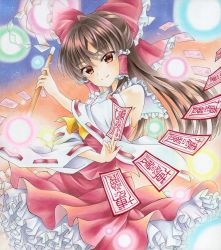 Rule 34 | 1girl, ascot, between fingers, bow, breasts, brown hair, collar, danmaku, detached collar, detached sleeves, dress, eyes visible through hair, frilled bow, frilled collar, frilled dress, frills, gohei, hair bow, hakurei reimu, holding, long hair, looking at viewer, marker (medium), ofuda, ofuda between fingers, red bow, red eyes, red skirt, red vest, ribbon trim, sideboob, skirt, skirt set, smile, solo, touhou, traditional media, vest, wassmint, wide sleeves, yellow ascot