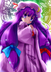 Rule 34 | 1girl, :&lt;, absurdres, blush, breasts, crescent, female focus, hair ribbon, hand on own chest, hat, highres, large breasts, long hair, patchouli knowledge, pony (moyasi), purple eyes, purple hair, ribbon, solo, touhou
