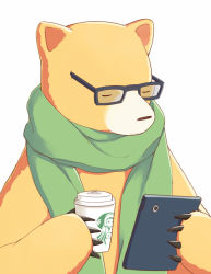 Rule 34 | 10s, amayadori machi, animal, bear, bespectacled, black-framed eyewear, character print, coffee, coffee cup, cup, disposable cup, closed eyes, glasses, green scarf, holding, holding cup, kumai natsu, kumamiko, no humans, scarf, sebastian (artist), simple background, solo, starbucks, upper body, white background