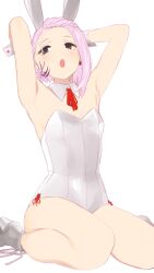 Rule 34 | 1girl, absurdres, animal ears, armpits, arms up, blush, breasts, detached collar, ear piercing, eyebrow piercing, fake animal ears, goshiki suzu, highres, leotard, open mouth, original, piercing, pink hair, playboy bunny, rabbit ears, simple background, sitting, small breasts, solo, strapless, strapless leotard, white background, white leotard, wrist cuffs