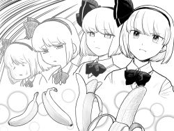 Rule 34 | 1girl, banana, black hairband, bow, bowtie, closed eyes, closed mouth, collared shirt, commentary request, cropped torso, food, fruit, greyscale, hairband, highres, konpaku youmu, koyama shigeru, looking at viewer, monochrome, multiple views, phallic symbol, serious, shirt, short hair, simple background, touhou, upper body, vest