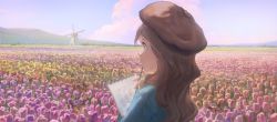 Rule 34 | 1girl, absurdres, brown hair, brown hat, bug, butterfly, cloud, cloudy sky, day, flower, hat, highres, hill, holding, holding sketchbook, insect, long hair, original, outdoors, profile, purple flower, purple sky, sishenfan, sketchbook, sky, solo, tulip, upper body, wide shot, windmill, yellow flower