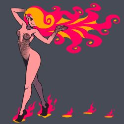 Rule 34 | 1girl, akairiot, arm behind head, arm up, breasts, brenna (akairiot), collarbone, colored sclera, colored skin, commentary request, completely nude, eyelashes, fiery hair, fire, footprints, full body, grey background, hair over one eye, highres, long hair, looking at viewer, medium breasts, navel, nude, open mouth, original, pointy ears, red eyes, red skin, simple background, smile, solo, standing, yellow sclera