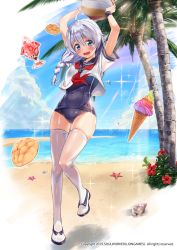 Rule 34 | 1girl, :d, ahoge, ball, bare shoulders, beachball, blue eyes, blue one-piece swimsuit, blue sky, blush, bread, breasts, cloud, covered navel, day, food, full body, hair between eyes, holding, holding ball, ice cream, ice cream cone, long hair, looking at viewer, melon bread, neckerchief, ocean, official art, old school swimsuit, one-piece swimsuit, open mouth, outdoors, palm tree, rainmaker, red neckerchief, sailor collar, sand, school swimsuit, school uniform, scrunchie, seashell, see-through, serafuku, shell, shiny clothes, shiny skin, shoes, short sleeves, sidelocks, silver hair, skindentation, sky, small breasts, smile, solo, soulworker, standing, standing on one leg, starfish, stella unibell, sundae, sunlight, swimsuit, swimsuit under clothes, thighhighs, tree, watermark, wet, wet clothes, white footwear, white scrunchie, white thighhighs, wrist scrunchie, wristband