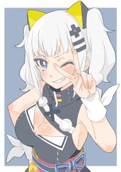 Rule 34 | 1girl, absurdres, bad id, bad twitter id, bare shoulders, breasts, bright pupils, cleavage, cleavage cutout, clothing cutout, d-pad, d-pad hair ornament, donguri suzume, grey background, grey hair, hair ornament, hairclip, hand on own hip, hand up, headgear, highres, kaguya luna, large breasts, looking at viewer, obi, one eye closed, sash, sharp teeth, simple background, smile, solo, teeth, the moon studio, twintails, upper body, v, v over eye, virtual youtuber, wristband