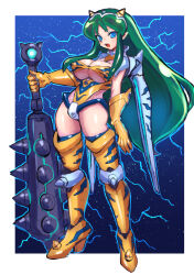 Rule 34 | 1girl, animal print, blue eyes, blush, boots, breasts, cleavage, club (weapon), cone horns, covered erect nipples, dakusuta, electricity, fangs, gloves, green hair, highres, holding, holding weapon, horns, large breasts, long hair, lum, open mouth, pointy ears, sidelocks, smile, solo, thigh boots, thighhighs, tiger print, urusei yatsura, weapon, yellow gloves