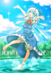 Rule 34 | circled 9, 1girl, bad id, bad pixiv id, barefoot, blue eyes, blue hair, cirno, dress, feet, female focus, full body, is ii, matching hair/eyes, nature, outdoors, plant, sky, solo, embodiment of scarlet devil, touhou, wings