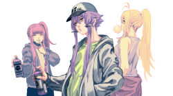 Rule 34 | 3girls, alternate costume, antenna hair, baseball cap, beads, blunt bangs, blowing bubbles, can, chewing gum, clothes around waist, commentary request, green shirt, grey eyes, grey hoodie, grey tank top, grin, hair beads, hair ornament, half-closed eyes, hand up, hands up, hat, highres, holding, holding can, hood, hood down, hoodie, jacket, jacket around waist, kotonoha akane, long hair, long sleeves, looking ahead, low-tied sidelocks, mashima jirou, mask, mask pull, mouth mask, multiple girls, open clothes, open hoodie, pink hair, ponytail, purple eyes, purple hair, raised eyebrow, red jacket, shirt, short hair with long locks, side ponytail, sidelocks, simple background, smile, spray paint, streetwear, tank top, tsurumaki maki, upper body, vocaloid, voiceroid, white background, yuzuki yukari