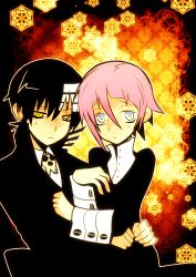 Rule 34 | 00s, androgynous, black dress, black hair, bolo tie, crona (soul eater), cuff links, death the kid, dress, gender request, hair between eyes, high collar, holding, imawano lem, jacket, multicolored hair, pink hair, short hair, grey eyes, sitting, soul eater, two-tone hair, white hair, yellow eyes